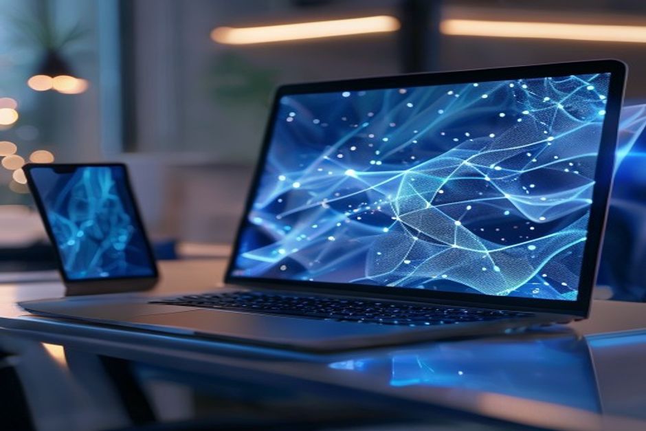 Portátil y tablet mostrando interfaz abstracta de Google Gemini IA con redes neuronales azules
