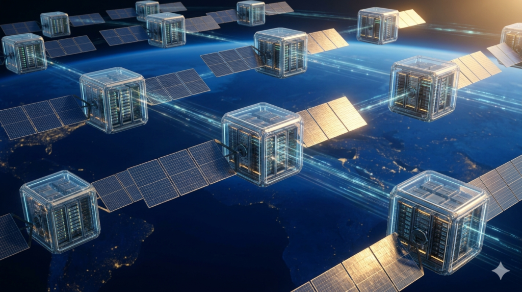 Centros de datos orbitales: satelites con racks de servidores y paneles solares sobre la Tierra