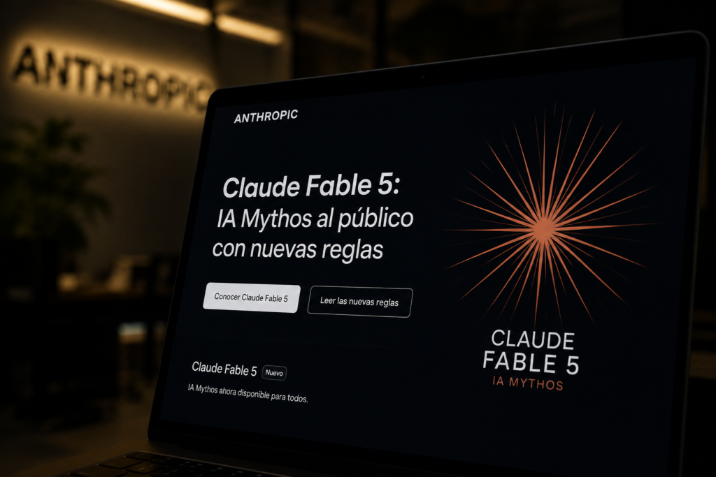 Pantalla de portátil mostrando el lanzamiento de Claude Fable 5 (IA Mythos) de Anthropic