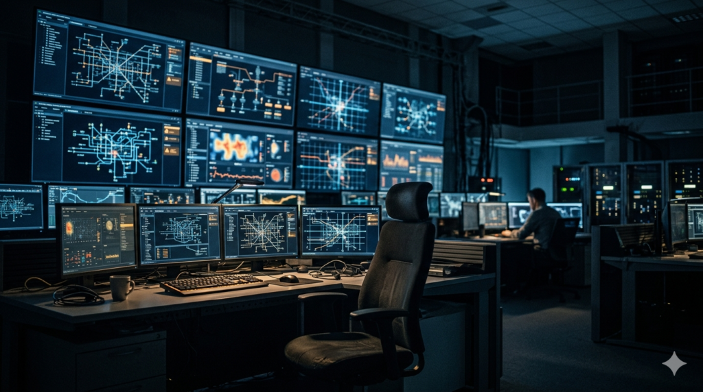 Sala de control de infraestructura critica con pantallas de redes electricas y de agua iluminadas en azul, simbolizando la deteccion de fallos de ciberseguridad por inteligencia artificial.