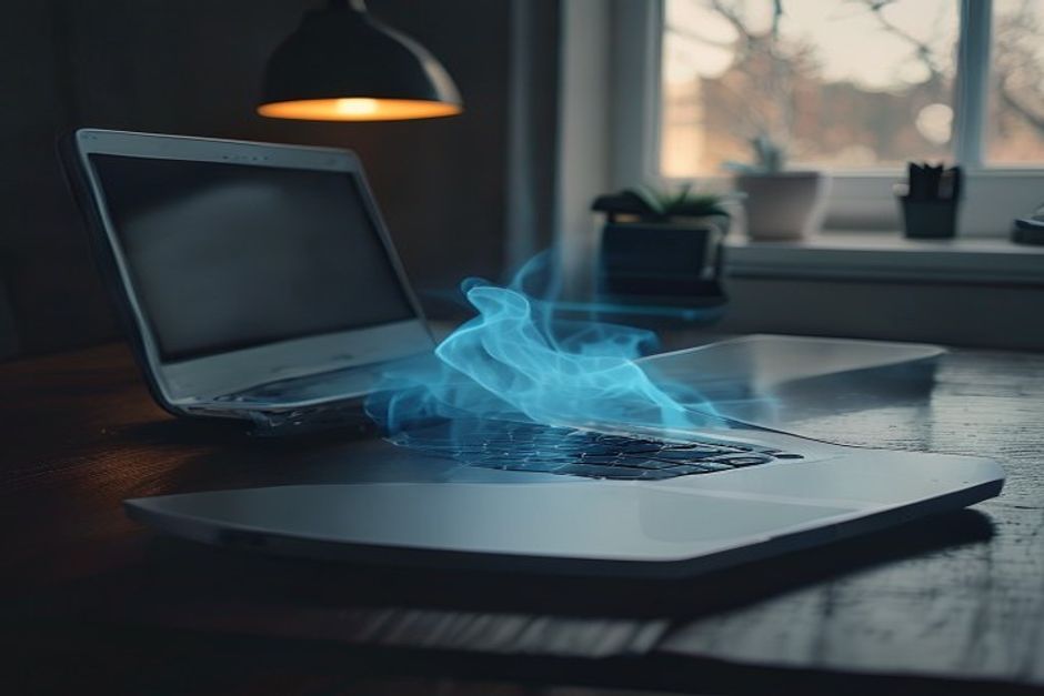 Portatil cerrado iluminado tenuemente sobre una mesa, simbolizando el funcionamiento autonomo del agente Gemini Spark mientras el usuario no esta presente.