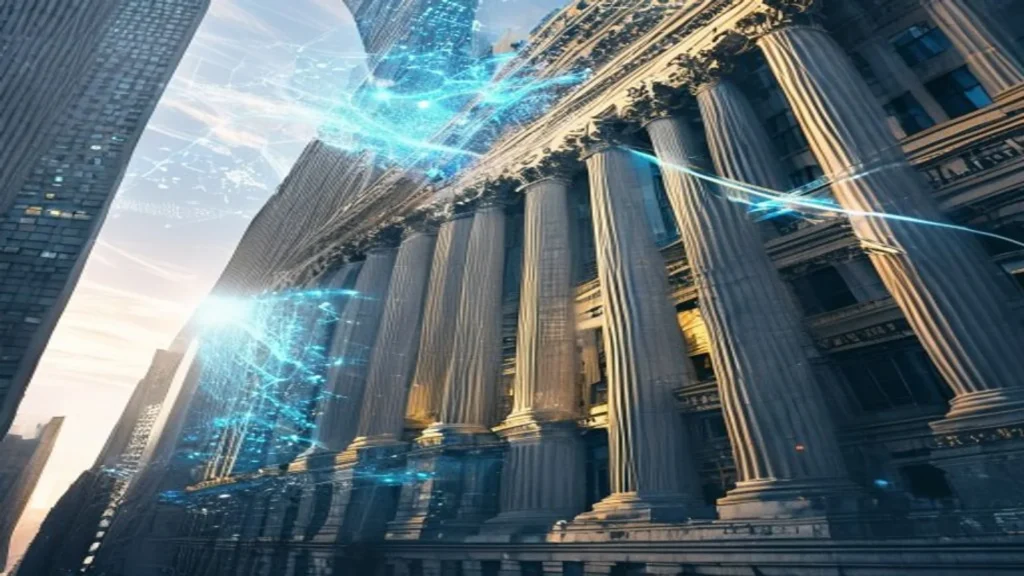 Fachada de la bolsa de Nueva York con un patrón de red neuronal, salida a bolsa de OpenAI