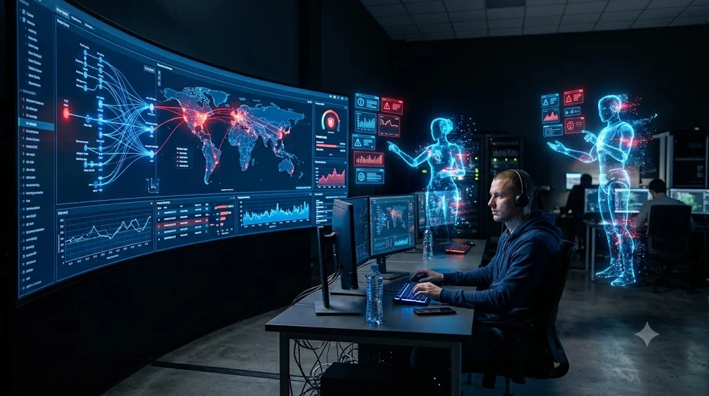 Analista de ciberseguridad asistido por agentes de inteligencia artificial en un centro de operaciones