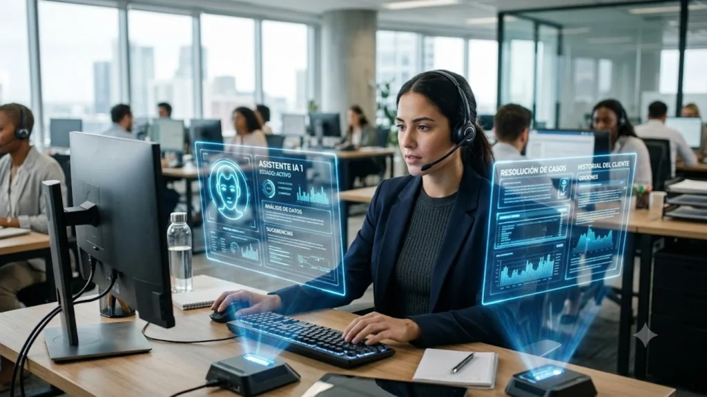 Agente de atención al cliente trabajando con paneles holográficos de asistentes de inteligencia artificial en un centro de llamadas.