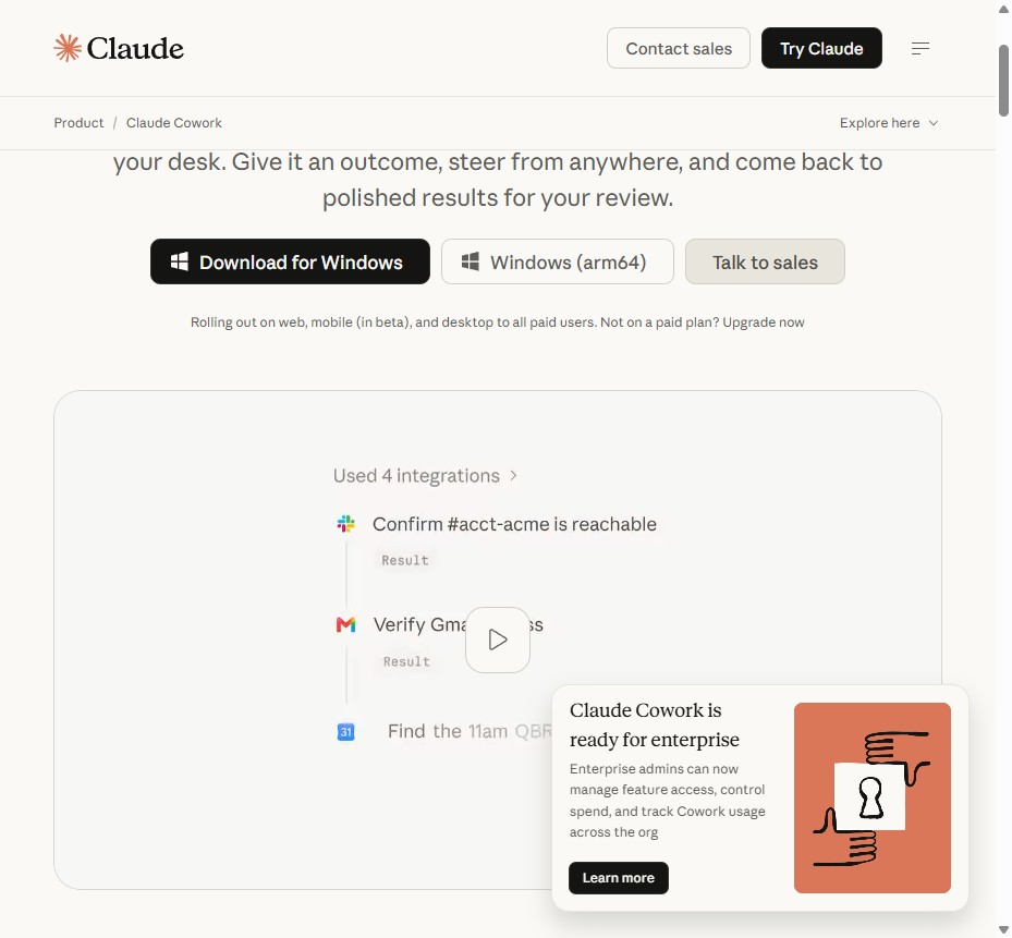 Página oficial de Claude Cowork trabajando con varias integraciones