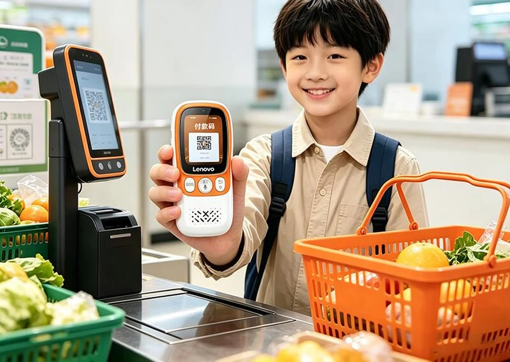Un niño paga con código QR usando el teléfono de Lenovo