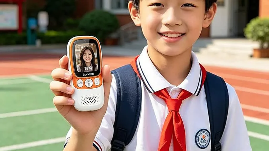 Un escolar sostiene el teléfono con IA de Lenovo para estudiantes