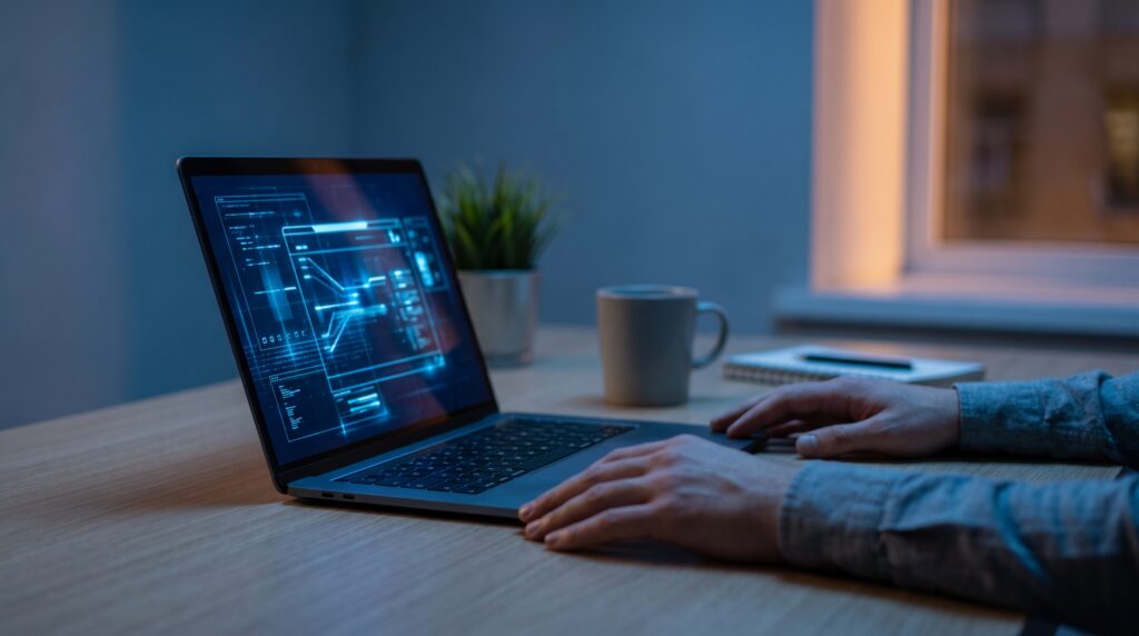 Puesto de trabajo con un portatil que muestra una interfaz de inteligencia artificial, ilustrando el acceso a Claude Fable 5.