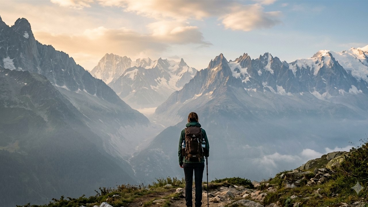 Excursionista al pie de una gran cordillera al amanecer