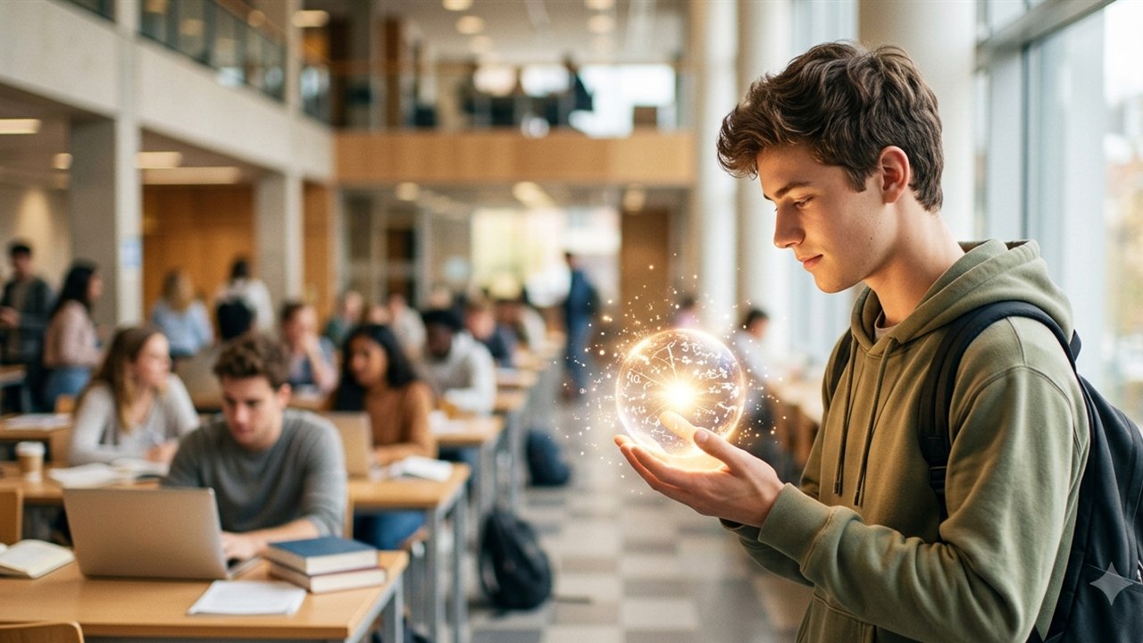 Estudiante joven sostiene una esfera de luz en un aula moderna